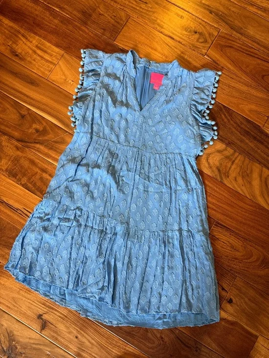 Lilly Pulitzer Light Blue Pom-Trim Tiered V-Neck Dress, sz 6, VGUC - Picture 4 of 7